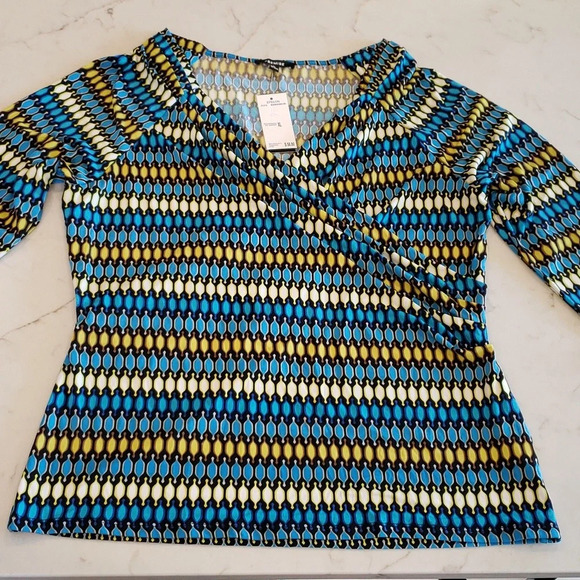 Crossover 3/4 Sleeve Blouse Womens XL Blue Green Black - Picture 5 of 17